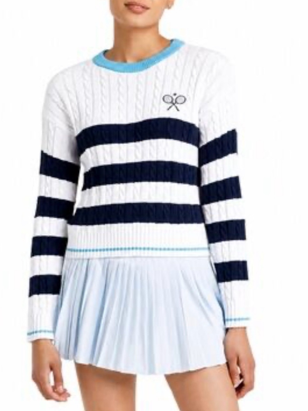 all in motion White Cable-Knit Sweater with Light Blue Trim - Picture 8 of 9
